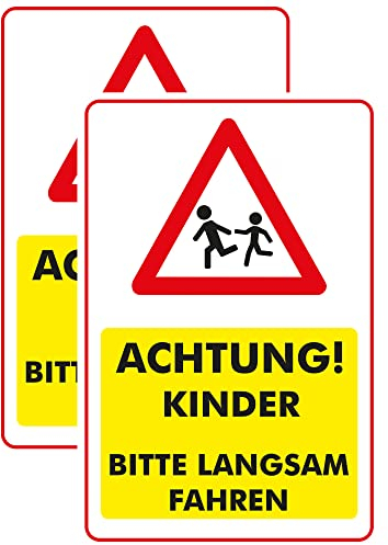 INDIGOS UG - Schilder - 300x200 mm - Schild 2 Stück - Achtung! Kinder bitte langsam fahren - Aluverbundplatte - für Garage, Hotel, Parkplatz, Schule, Carport, Firma