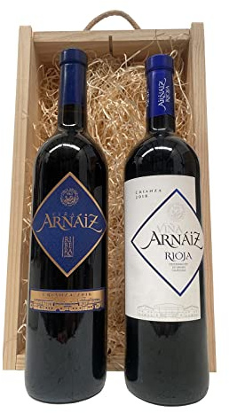 Deliex delicias de Extremadura. Caja con vinos crianza Rioja y Ribera del Duero, cesta para regalar en caja de madera con virutas decorativas. Regalos para los amantes del vino.