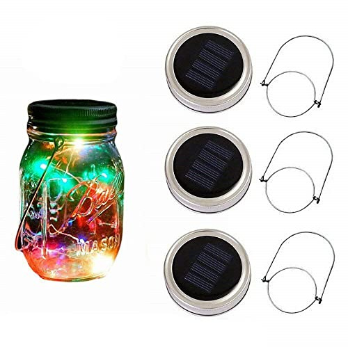 3Pcs Solar Powered Lid Insert 20 LED Mason Jar String Light for Glass Mason Garden Yard Porch Wedding Party Decoration 6.5feet No Jars (Colorful)
