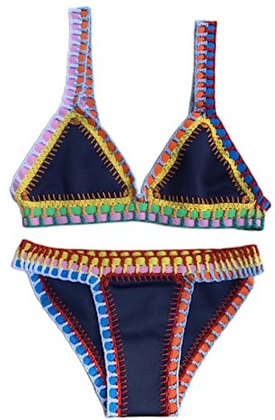 OLEETS Set Bikini all'Uncinetto per Donna - Costume da Bagno Sexy in 2 Pezzi Costume da Bagno Estivo con Scollo A V Moda Vintage Abbigliamento da Spiaggia Abbigliamento Lavorato A Maglia Fatto A Ma