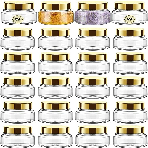 Tessco for you 24 Pack 5/8oz Plastic Jars with Lids Labels Multiuse Slime Containers Empty Body Scrub Jars Round Refillable Cosmetic Body Butter Containers for Makeup Travel (5 oz,Gold)