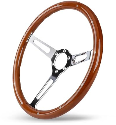Nostalgie-Lenkrad, Universal 380 Mm 15 Zoll Klassisches Oldtimer-Lenkrad, Walnussgriff, 3 Speichen, Genietet, 6 Löcher, Auto-Modifikationszubehör, Auto-Innenausstattung Im (Braun)