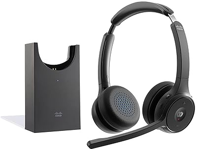 Cisco Headset 722, Wireless Dual On-Ear Bluetooth Headphones, Webex Button, USB-A HD Bluetooth Adapter, Soft Case, Charging Stand, Carbon Black, 1-Year Limited Liability Warranty (HS-WL-722-BUNAS-C)