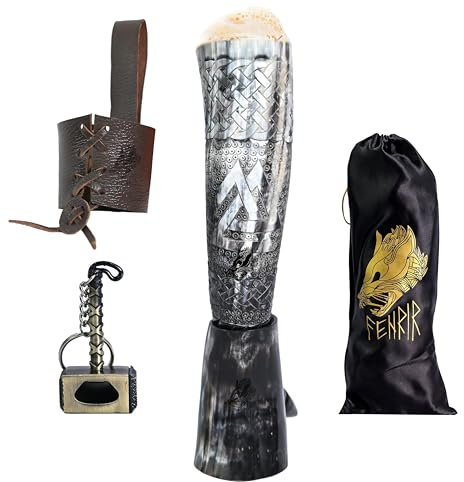 FENRIR Large Viking Drinking Horn with Stand 15-18 Oz, Leather Holster & Hammer Opener Natural Ox Horn Cup For Ale mead stein | Big Valknut Deep Engraved