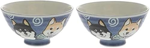 Japanisches Reisschalen-Set aus Keramik, Shiba Hund, Blau, 12 cm Durchmesser, Mino Ware Chawan, Set mit 2 Schalen aus Japan (blau)