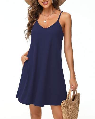 Tanmolo Damen Sommer Kleid Kurz Strandkleid Spaghettitrger Freizeitkleid, Marineblau, L