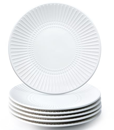 NUTRIUPS 8.5 inch Salad Plates Set of 6, 21.5cm Small Dinner Plates, Ceramic Dessert Plates, White Serving Plates for Appetizer, Salad, Dessert - Microwave and Dishwasher Safe
