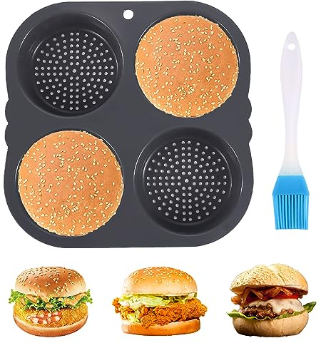 Molde de pan de hamburguesa de silicona antiadherente redondo 10 cm de diámetro, con cepillo de aceite, grandes moldes para repostería para hamburguesa Bun, muffins, bollos o tartaletas, gris