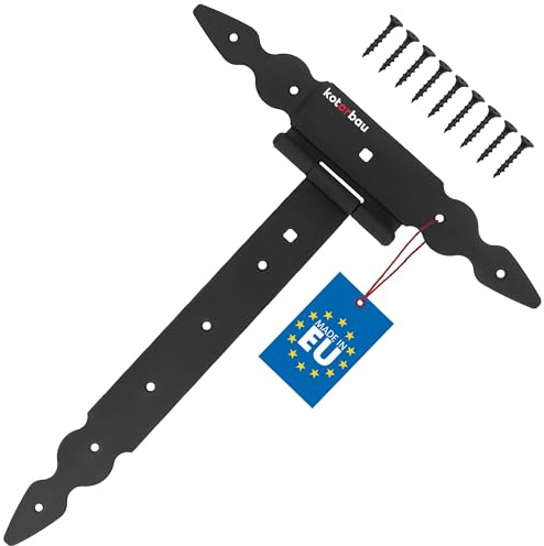 KOTARBAU® T Scharniere schwarz L: 300 mm Kreuzgehänge pulverbeschichteter Stahl Gartentor Scharnier Türband Holztür Ladenband Torscharniere Schwerlast Türbänder Beschläge Gartentor Tor Scharniere