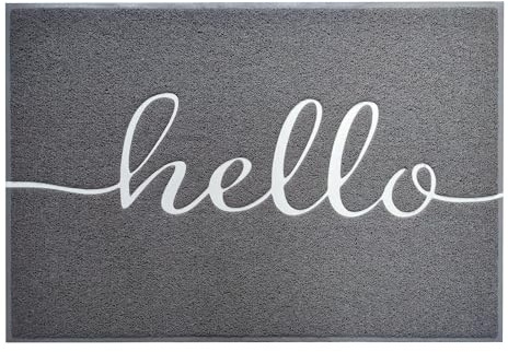 Floordirekt Welcome dörrmatta – smutssamlande matta, dörrmatta med tryck – dörrmatta, dörrmatta, dörrmatta inuti, vinyl spaghettimatta (Hello – grå, 50 x 80 cm)