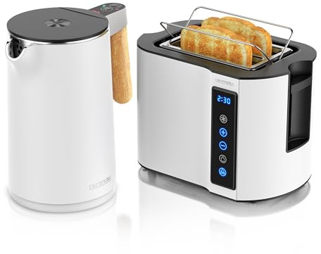 Arendo - Wasserkocher Toaster SET - Edelstahl - Wasserkocher mit Temrpatureinstellung - 45-100 Grad - Warmhaltefunktion - Toaster 2 Scheiben mit Touch Display - mit Brötchaufsatz - Weiß Matt
