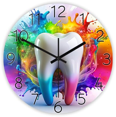 Timethink 12 Inch Colorful Watercolor Tooth Wall Clock, Dental Care Symbols Dental Clinic Wall Clock Dentistry Tooth Healthy White Teeth Wall Watch Clock Silent Non Ticking Battery Operated for Office
