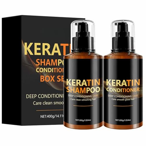 Keratin-Shampoo und Conditioner-Set, Tiefenreinigung, Keratin-Haarmaske, Tiefenspülung, Anti-Frizz, dünner werdendes Haar, mit Kollagen angereicherte Formel für lockiges oder geschädigtes Haar, 400 ml