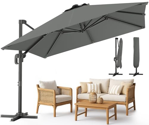 vounot® Parasol Déporté Carré 3x3M avec 8 Baleines Parasol de Jardin Extérieur Rotation 360° Inclinable 6 Positions Toile Polyester Anti UV et Imperméable avec Housse Gris