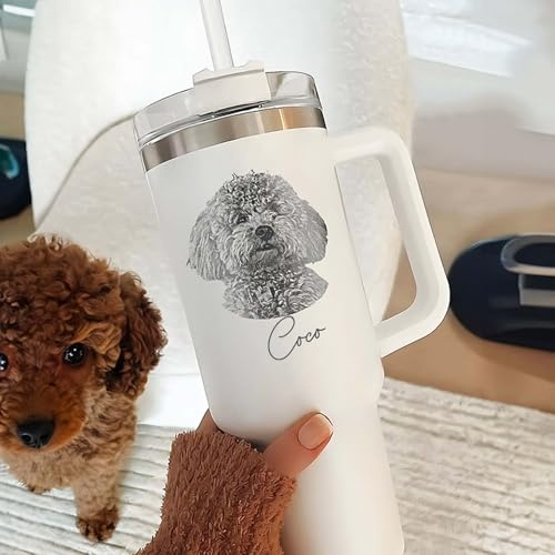 Drawelry Personalisierte Haustiere Foto Thermosbecher mit Henkel Deckel Wasserbecher Hunde Katzen Bild Namen Drucken Edelstahl Thermo Tumbler Becher Geschenke für Männer Frauen Familien Freunde (A2)