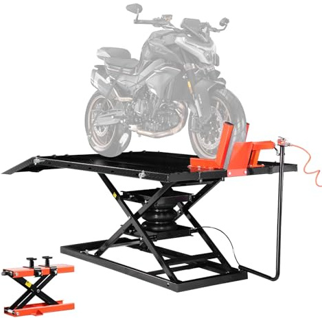 VEVOR Motorcycle Lift Table, 1500lbs Weight Capacity, Pneumatic Motorcycle Jack, 8.6-31 in Height Range, Heavy Duty Bike Repair Stand with Removable Workbench, Repair Platform for ATVs, Dirt Bike