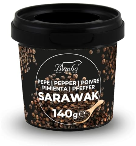 Poivre Noir Sarawak en Grains 140 g Bembo – Poivre Aromatique Premium – Idéal pour Moulin et Cuisine – Boîte Hermétique