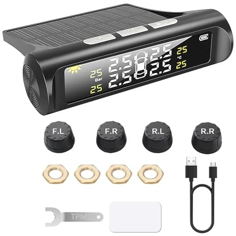 FormiPow TPMS Sistema de monitoreo de presión de neumáticos, Solar Alarma de Auto inalámbrica Universal Parabrisas con 4 Sensores externos, Monitor de Presión en Tiempo Real con pantalla Digital
