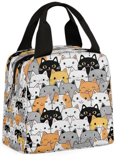 Mexpekil Bolsa térmica para el almuerzo con diseño de gato de dibujos animados para niños y niñas, bolsa térmica para el almuerzo para mujeres y hombres, lonchera para la escuela y el trabajo