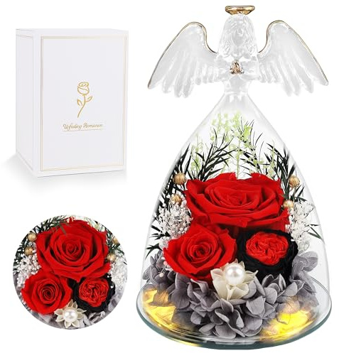 YOFIT Gifts for Women Mom-Preserved Roses in Glass Angel Figurine, Forever Fresh Flowers for Her Grandma, Gifts for Valentines Mother's Day Birthday (Red, Lights)