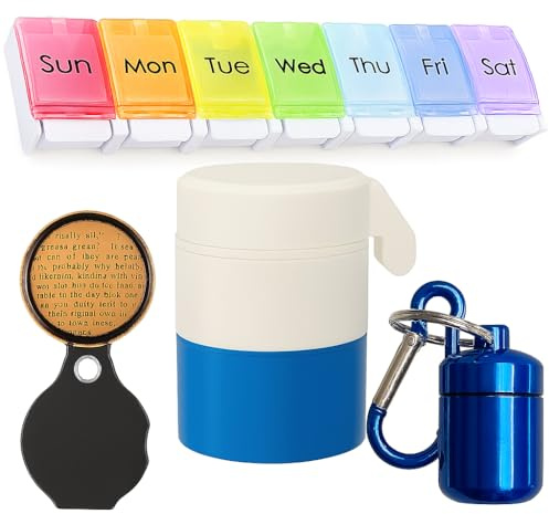 NAKOSITE Pilulier Semainier (7 Jours) | Boîte à Pilules Grande Capacité + Coupe Comprimé + Porte-Pilules Porte-Clés + loupe grossissante de Poche | Facile à Ouvrir (Bouton Poussoir) | Sans BPA | Idéal