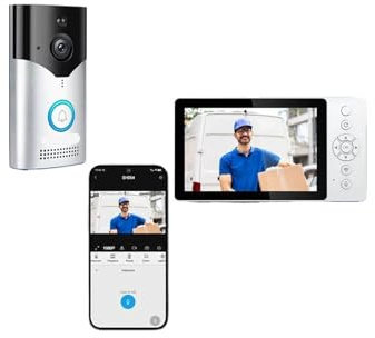 POAHNCU Sonnette vidéo Intelligente Sonnette Wi-FI avec caméra de Vision Nocturne, écran 5, Batterie Li-ION 5000 mAh, sécurité, interphone vidéo, 4 MP pour Maison connectée, Domicile et Bureau