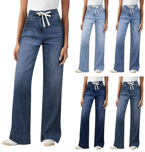 Mom Jeans Damen High Waist - Jeanshose Damen Stretch Mit Gummizug Denimhose Elastische Taille Freizeithose Baggy Straight-Hosen Breite Bein Schlupfjeans Loose Fit Y2K Hose