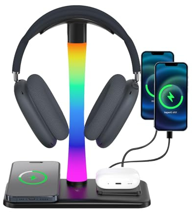 Trongle 3 in 1 RGB Gaming Kopfhörer Ständer mit 15W Wireless Ladegerät, Gaming-Headset-ständer Headset Halterung Wireless Charge Kopfhörer Halter mit 1*USB 2*Typ-C 10 Lighting Effects Modes Schwarz