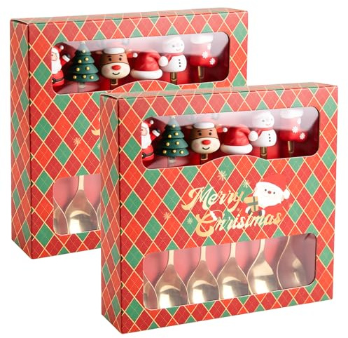 12 Stück Weihnachtslöffel Set, Goldene und Silberne Edelstahl-Weihnachtslöffel, Weihnachten Teelöffel Set mit Cartoon-Weihnachtsfiguren, Passend für Desserts, Kaffee und Weihnachtsdekorationen