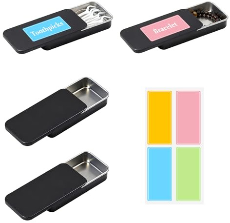 VOSSOT 4 Stück Metallbox 95×55×18mm Tragbare Kleine Wattestäbchen Behälter Blechdose Mit Deckel & Etiketten, Aufbewahrungsbox Kleine Metalldose Für Haargummi Aufbewahrung, Zahnstocher, Wattepads