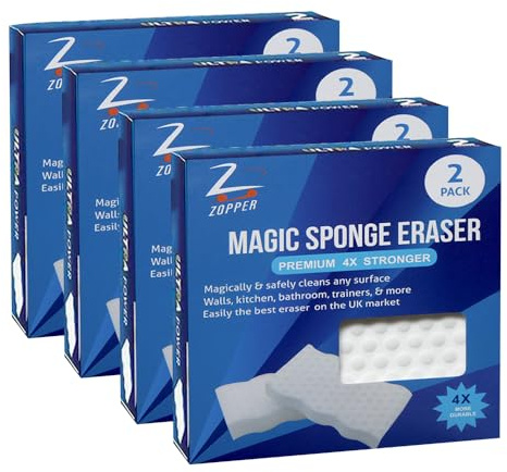 ZOPPER Magic Sponge Eraser, 4 Pack, 8 Units | Extra Durable Cleaning Pads, 4X Stronger Stain Remover, Wall, Kitchen, Bathroom, Shoes & More, Size 12.1x6.6x2.2cm
