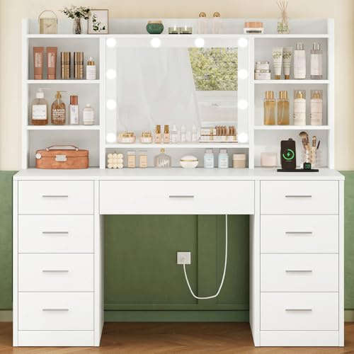 TEENFON Grande Coiffeuse, Coiffeuse avec Miroir et Prise, Éclairage LED, 3 Couleurs, Luminosité Réglable, Blanc,9 Tiroirs+7 Étagères