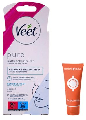 Veet PURE Kaltwachsstreifen Gesicht 1x 20 Stk. I Für sensible Haut I Sanfte & effektive Haarentfernung I Bis zu 28 Tage glatte Haut I Ohne Reiben & Erhitzen I Spar-Set plus Pharma Perle give-away