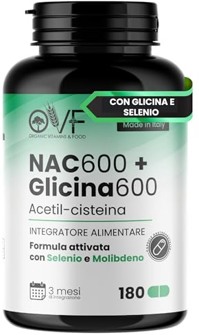 NAC N-ACETIL-CISTEINA 180 Capsule Nac 600 Formula Attiva con Selenio e Glicina, precursori GLUTATIONE, Integratore Acetilcisteina Alta Qualità, Senza Nichel, Lattosio, Biossido di Titanio e Glutine