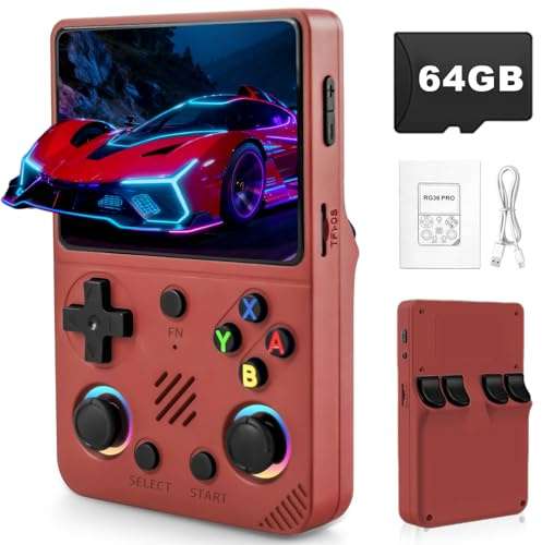 Forlarme RG36PRO Retro Video Game Console-Support 30000+ Classic Games,3.5 IPS Screen,Open Source System,64G TF Card,3000mAh Battery,Portable Console for Teen Or Partner - Gift for Christmas - Red