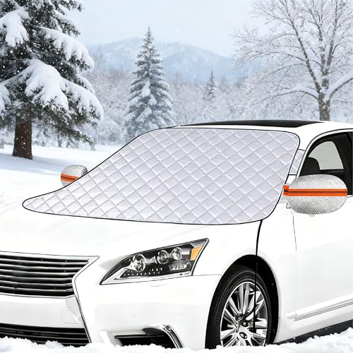 LEBOKJ Couverture Pare Brise Avant Voiture avec Crochets - Protection Anti-Gel pour Auto, SUV et Fourgonnette - Bloque Neige, Glace, Gel et Poussière - Installation Rapide (Blanc, 234x146 cm)