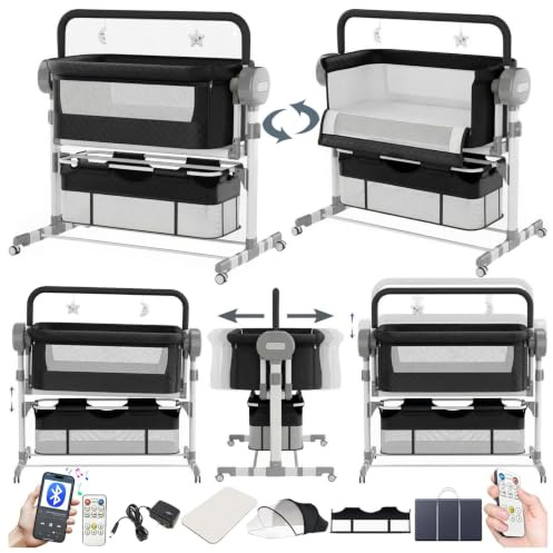Doraystar Beistellbett Baby, Convertible Großer Raum Babybett für Co-Sleeping, Beistellbett Baby Boxspringbett mit Rollen Multifunktionale Faltbare mit 5 Schwankende Getriebe (608 Black)