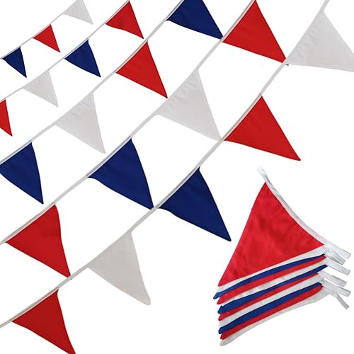 Quirki Fabric Bunting Banner Garland 40ft Cotton Triangle Flags for Indoor Outdoor Nursery Bedroom Birthday Wedding Party Decoration (Red Blue & White)