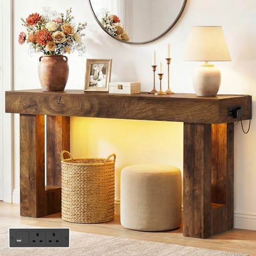 iSunirm Mesa consola con toma de corriente, Mesa de sofá de 120 cm con luz de detección de movimiento, Mesa consola con espacio de almacenamiento en la entrada, Mesa auxiliar de estilo rústico de