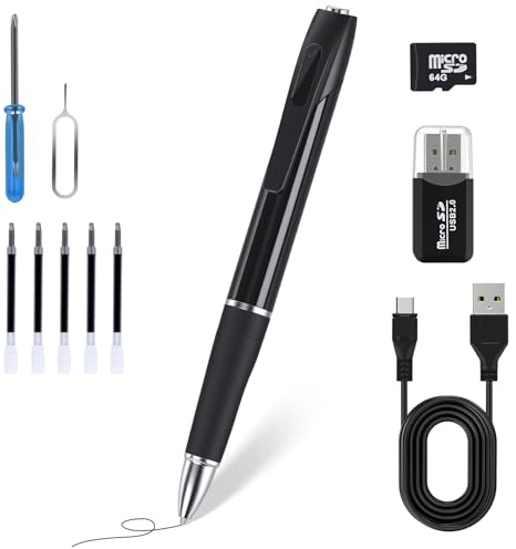Anoredo Mini bolígrafo de cámara oculta con tarjeta de memoria de 64 GB, cámara pequeña de niñera HD de 1080P, recargable por USB, para interiores y exteriores