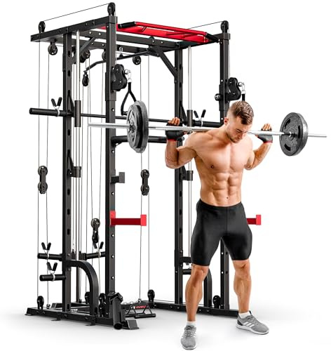 Hop-Sport Power Rack HS-2090K mit Latzug und Smith-Maschine, Power Cage mit Kabelzug, Klimmzugstange, Dip-Barren, Landmine, Multipresse und Sicherheitsablagen, Kraftstation Home Gym