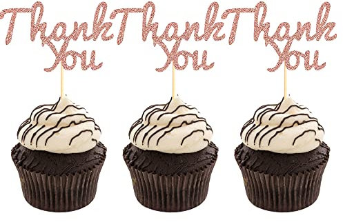 Sumerk 24PCS Glitter Rose Gold Thank You Cupcake Toppers Thanks Cupcake Picks Baby Shower Birthday Wedding Party Decoration Supplies