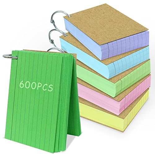 600 Stücke Karteikarten A7, Karteikarten liniert Vokabelkarten Flashcards mit 7 Metall-Ringen für Büro, Schule, Zuhause, Studienaufzeichnung