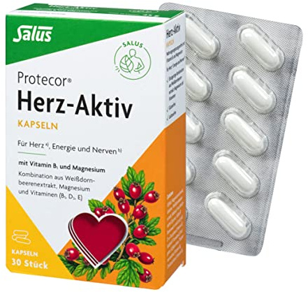 Salus Protecor Herz-Aktiv - 1x 30 Kapseln (45 g) - Nahrungsergänzungsmittel mit Vitamin B1 und Magnesium - zur Unterstützung der Herz- und Muskelfunktion - Vitamin E und D3 plus Weißdornbeerenextrakt