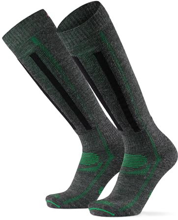 DANISH ENDURANCE Merino Performance Skisocken (1|2 Paar), Thermo-Socken, Gepolsterte Kniestrümpfe, für Damen, Herren & Kinder, Dunkelgrau/Grün, 39-42