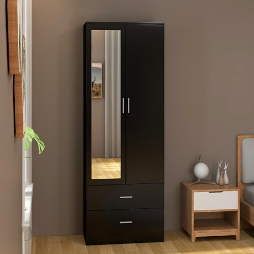 Panana 2 Door 2 Drawers Mirrored Wardrobe with Hanging Rail Wooden Clothes Storage Cupboards Unit for Bedroom Furniture 77 x 50 x 180 cm (Black)