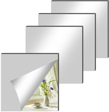 BEELUKY 4 Stück Glas HD Klebespiegel 20x20cm Spiegelfliesen Selbstklebend Spiegel zum Kleben mit 40 Klebe Mat Fliesenspiegel Dekorative Wandspiegel für Schlafzimmer Wohnzimmer Badezimmer Schrank Tür