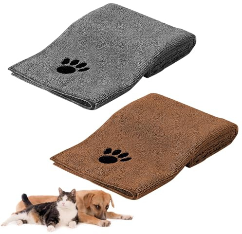 HTRTRR Hundehandtuch, 2 Stück Microfaser Handtücher für Hunde Katzen, 75 x 35 cm Hundehandtuch Extra Saugfähig für Katzen Kuschelweich, Schnell Trocknend, Maschinenwaschbar(Grau+Braun)