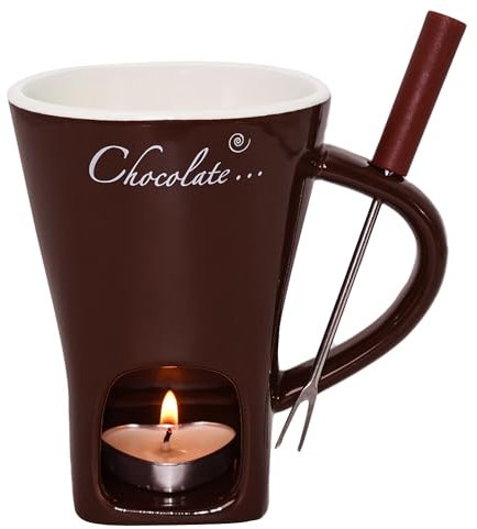 Gwezmxs Fondue de Chocolate Taza con Tenedor, Marrón Cerámica Chocolate Fondue Vaso, Fondue de Queso, Fondue Mug