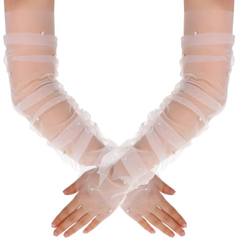 Psyqtsuary 1 paire de gants de mariée longs en perles blanches - Gants en tulle transparent - Pour femme - Mitaines en maille pour mariées, filles, femmes, mariage, goûter